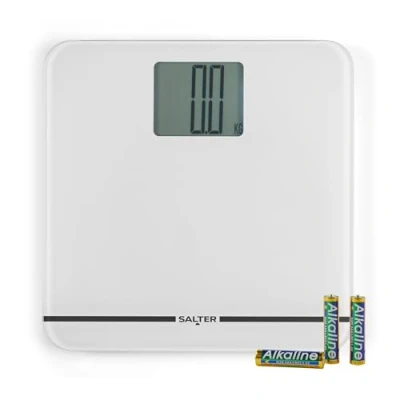 Afbeelding van Salter digitale badkamerweegschaal Max weegschalen, lichaamsgewicht, zware uitvoering, capaciteit van 250 kg, groot platform en display, tapijtvoetjes, batterijen inbegrepen, kg/lbs, wit