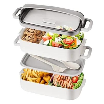 Afbeelding van lunchbox voor volwassenen, Bento Box kinderen, broodtrommel kinderen met vakken, lekvrije is ideaal werk, school en onderweg, 1600 ml, wit