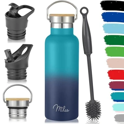Afbeelding van Roestvrijstalen drinkfles 500 ml, 750 1000 ml (+3 deksels) thermosfles met rietje, Geïsoleerde Waterfles, lekvrije thermosfles, dubbelwandig, geschikt voor koolzuurhoudende dranken (groen blauw, 0,5 l)