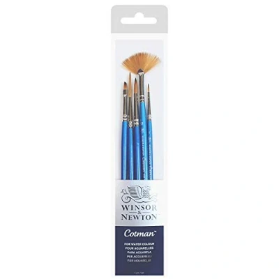 Afbeelding van Winsor &amp; Newton, Cotman Aquarel Synthetische Borstels, Korte Handvat, Verpakking van 5 (1 en Ronde, 1 Rigger,2 Ventilator, 3 mm Hoek)