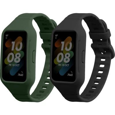 Afbeelding van kwmobile 2x horlogebandjes geschikt voor Huawei band 7 / 6 Honor bandje Smartwatch bandjes van TPU Activity tracker horloge in zwart donkergroen