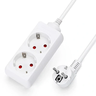 Afbeelding van stekkerdoos wit zonder schakelaar met 3G kabel, Duitse (2 stopcontacten, 1,5 mm² 3 m)