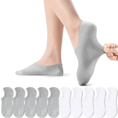Afbeelding van PAUNEW Sneakersokken voor dames, sportsokken enkelsokken, 10 paar, onzichtbaar, no show sokken, grote siliconen pad, sport, voorkomt wegglijden, 5 x wit + grijs, 35 38