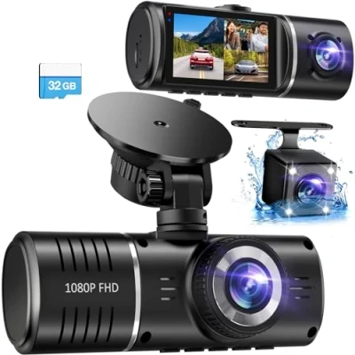 Afbeelding van Dash Cam, 3 Channel 1080P Cam Front and Inside, Triple Camera with 32GB Card, HDR, G Sensor, 24Hr Parking, Loop Recording