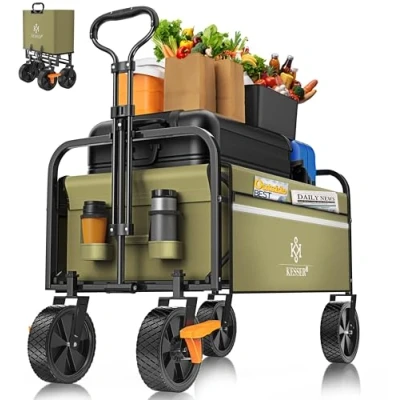 Afbeelding van KESSER® Bolderkar, opvouwbaar, transportkar, gereedschapswagen, inclusief 2 gaasvakken, inklapbaar, massief rubberen banden, lastvermogen tot 80 kg, tuinaanhanger zonder dak, Kaki