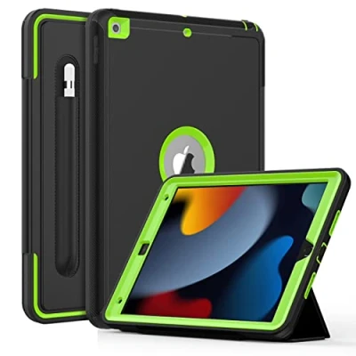 Afbeelding van DAROANGE Hoes voor iPad 9e/ 8e/ 7e Generatie (iPad 10,2 Inch 2021/2020/ 2019), Schokbestendig Valbestendige met [Pencil Houder] Automatische Slaap Waakfunctie 9/8/7 (Zwart/Groen)