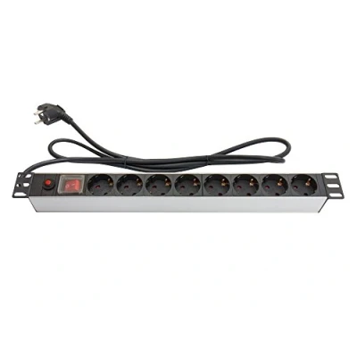 Afbeelding van Good Connections Stekkerdoos 19&quot; (1HE) geaarde stekker op 8x bus schakelaar met schakelaarbeveiliging, ÜSS, kinderbeveiliging, wandmontage aluminium profiel, zilver