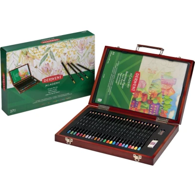 Afbeelding van Derwent Academy Houten Kleurpotlodendoos Geschenkdoos Inclusief 24 Kleurpotloden, Gum, Puntenslijper, A4 Schetsblok Set van 27 Stuks Assorti