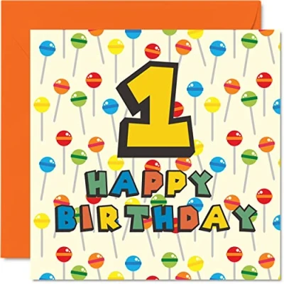 Afbeelding van 1e verjaardagskaart unisex Lolly Sweets Candy Happy Birthday Card 1 Year Old Son Dochter Broer Zuster Kleinzoon Kleindochter Nichtje neef neef, 145mm x Eerste Verjaardag Wenskaart