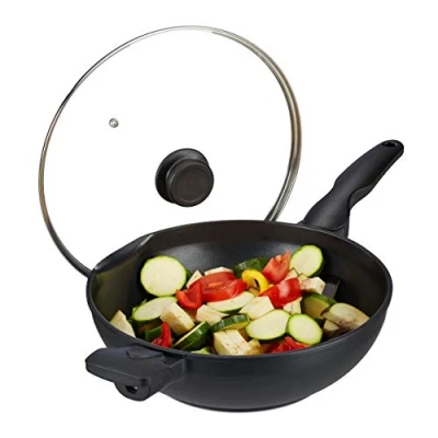 Afbeelding van Relaxdays wokpan inductie wok met deksel wajan grepen aluminium wadjan zwart
