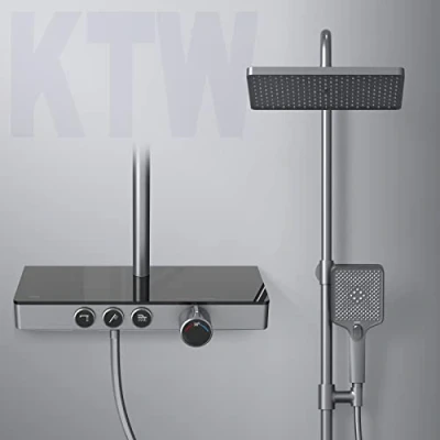 Afbeelding van EMKE Douchesysteem met thermostaat, KTW certificering, doucheset, 45 cm, thermostatische plaat, handdouche, 3 straalsoorten, regendouche kraan, douchesysteem, mat antraciet