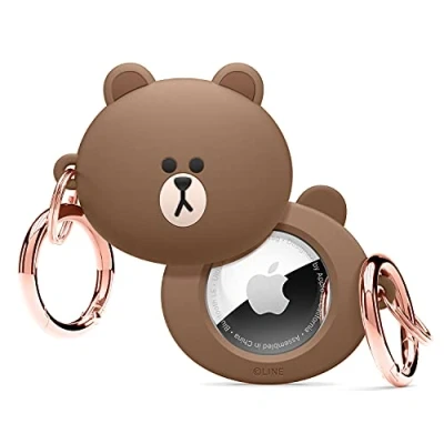 Afbeelding van elago l LINE FRIENDS Silicone Hoesje Compatibel met Apple AirTag Tracker Volledige Bescherming, Sleutelhanger Inbegrepen, Eenvoudig Ontwerp, Krasvrij, Valbescherming [Officiële Handelswaar] (BROWN)