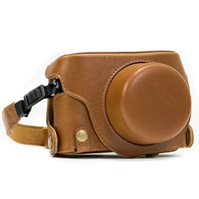 Afbeelding van MegaGear Panasonic Lumix DMC LX100 Ever Ready Leather Camera Case met draagriem en batterijtoegang Lichtbruin MG663