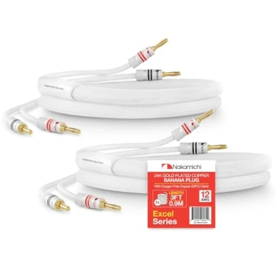 Afbeelding van Nakamichi Excel serie 24K vergulde bananenstekker 99,9% zuurstofvrij koper (OFC) zwaar gevlochten voor luidsprekerkabel versterker, in de muur CL2 beoordeeld Wit (12AWG / 3ft 0,9 m) 2 Pack