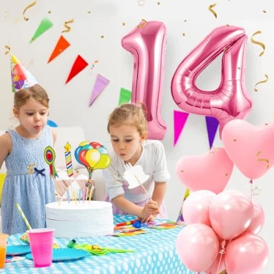 Afbeelding van Verjaardagscijfer ballon 14 jaar folieballon roze in 40 101 cm verjaardagsdecoratie cijfer decoratie voor verjaardag vliegt met helium meisjes jongens 14e