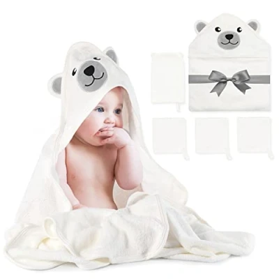 Afbeelding van Bamboe babybadhanddoeken set van 5 stuks, babyhanddoek met capuchon, washandje 3 babybadhandschoen 1 stuk, extreem zacht, ademend, geschikt voor meisjes en jongens