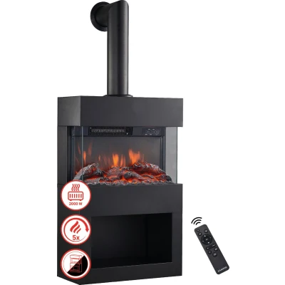 Afbeelding van KAMINIO Elektrische haard HENRI met rookafvoerbuis houtkachel verwarming, 3D vlameffect, houtopslag, afstandsbediening Zwart