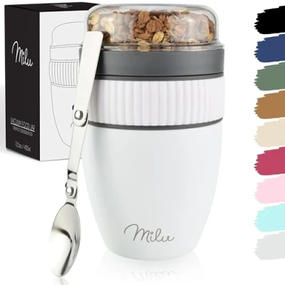 Afbeelding van muesli beker to go 400ml I geïsoleerde yoghurt voor lekvrije met lepel / pap (Wit)