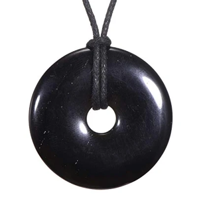 Afbeelding van Morella dames ketting 80 cm met donut edelsteen hanger zwarte obsidiaan in sieradenzakje