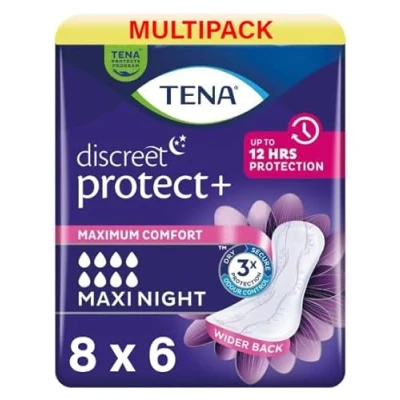 Afbeelding van 48 x TENA Lady discrete maxi night incontinentiepads voor vrouwen, 8 verpakkingen van 6, met gemiddelde tot zware blaaszwakte, speciaal ontworpen nachtelijke bescherming bredere rug en extra