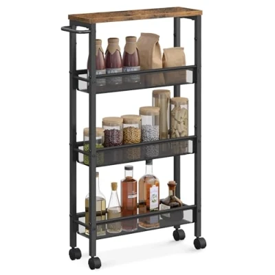 Afbeelding van VASAGLE trolley 4 niveaus, keukenwagen smal, nisplank op wielen, staal, handgreep, voor kleine ruimtes, 13 x 45,4 77 cm, keuken, badkamer, woonkamer, studeerkamer, vintage bruin zwart LRC032B01V1