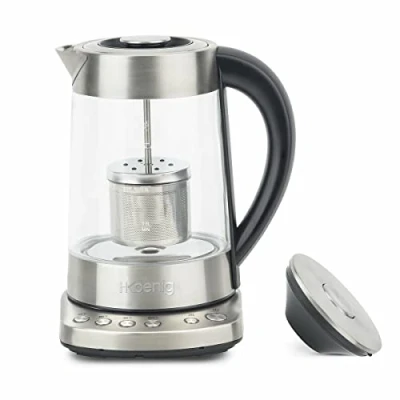 Afbeelding van H.Koenig Elektrische Glazen Instant Waterkoker TI700, 1.7L, met Roestvrijstalen Thee Filter Infuser, 2400W, Compact, Snelkokend, Instelbare Thermostaat 70 tot 100C, Warmhouden, 2 Deksels
