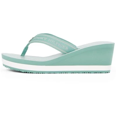 Afbeelding van TOMMY HILFIGER Dames TH STREPEN WEDGE BEACH SANDAL Flip Flops, Groen (Charming Green), 7 UK, Charmant Groen, 41 EU