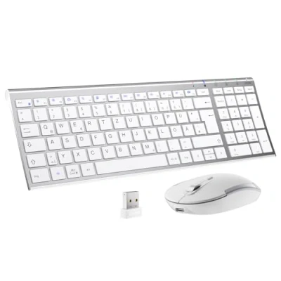 Afbeelding van iClever draadloos toetsenbord, muisset, oplaadbaar toetsenbord en muis, QWERTZ lay out (Duits), ultra dun voor computer/desktop/pc/laptop/Windows 10/8/7, wit zilver