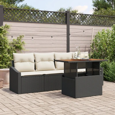 Afbeelding van vidaXL 5 delige tuin eetset met kussens in zwart poly rattan en acacia tafel