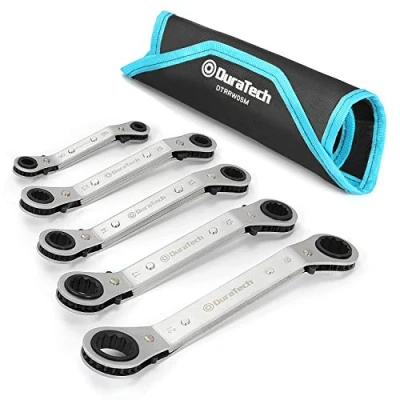 Afbeelding van DURATECH offset ring ratelsleutelset, omkeerbare dubbele 25 graden ratelsleutel krom voor smalle ruimtes, 5 delig, metrisch, 6mm 21mm, met draagtas