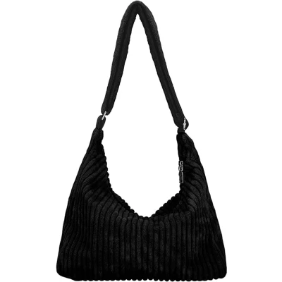 Afbeelding van Dames latschig corduroy hobo tas verstelbare riem schoudertas casual draagtas handtas zwart