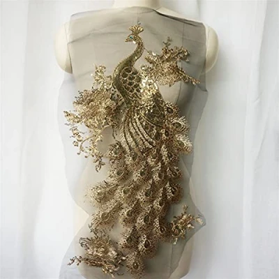 Afbeelding van Decoratieve patches Gouden sequin geborduurde pauw vogels applique kant stof trimmen naaien patch bruidsjurk jurk DIY ambachten