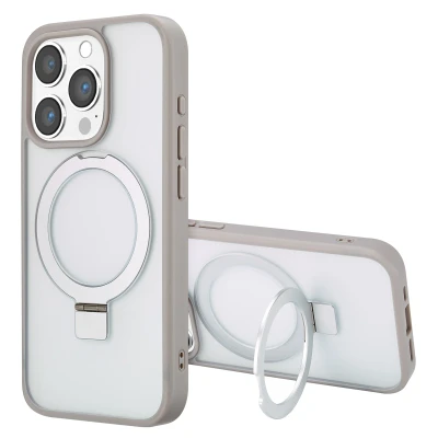 Afbeelding van Accezz Hoesje Geschikt voor iPhone 15 Pro Ring Stand Backcover MagSafe grijs