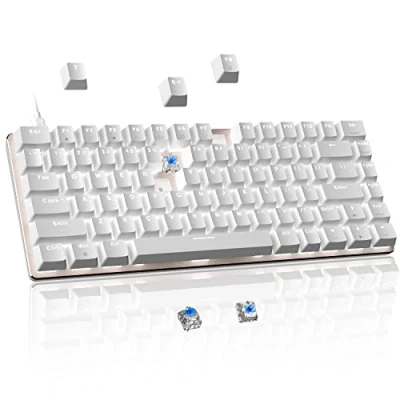 Afbeelding van Hot swap mechanisch gamingtoetsenbord, 82 toetsen, bekabelde blauwe schakelaar, anti ghosting witte led achtergrondverlichting, ergonomisch compact toetsenbord voor Windows &amp; Mac, pc, laptop, PS4 gamer, wit