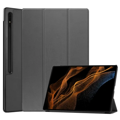 Afbeelding van Samsung Galaxy Tab S8 Ultra Hoes: iMoshion Trifold Bookcase Grijs Kunstleder Tablet Hoezen