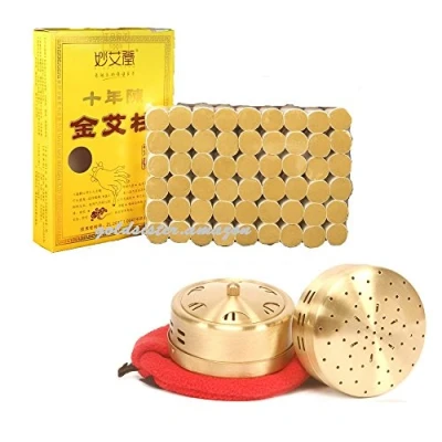 Afbeelding van 10 jaar zuiverheid 60:1 verhouding 54 rollen sticks pure moxibustion + 1 koperen draagbare rookloze bijvoet moxibustie moxa box ronde vorm branderset X&#039;mas Gift [HRUS]
