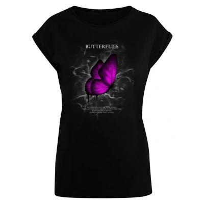 Afbeelding van Merchcode Butterflies Extended Shoulder Tshirt print, Dames, Maat: 4XL, Black