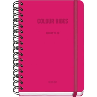 Afbeelding van Dohe Schoolagenda 2025 2026 Weekoverzicht, Formaat A5 (15x21 cm), Spaans en Engels, Dubbele Spiraalbinding Elastieksluiting, Harde Kaft, 4 Stickervellen COLOUR VIBES Roze