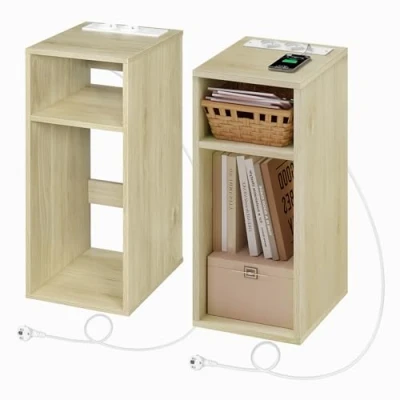 Afbeelding van WOLTU nachtkastje met USB poorten en poorten, voor smalle slaapkamer, ruimtebesparend 2 open vakken, woonkamer, kinderkamer, hout, 25 x 30 60 cm, NTS06hei