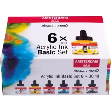 Afbeelding van Amsterdam acryl inkt Bassisset, set met 6 flacons van 30 ml, assorti tekeninkt