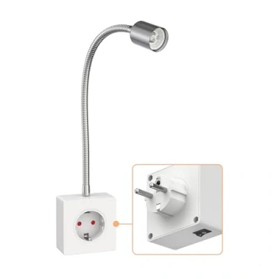 Afbeelding van ledscom.de Lamphouder/leeslamp LESCH, zwanenhals, schakelaar, chroom/wit, 1x GU10 max. 10W, lamphouder, leeslamp, fitting, Gu10, stekker, bedlampje