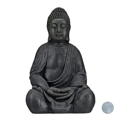 Afbeelding van Relaxdays boeddhabeeld zittend, 50 cm, Feng Shui decoratie, vochtrestistent, indoor &amp; outdoor, Zen Buddha, donkergrijs