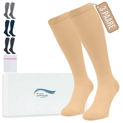 Afbeelding van 360 Relief 3 Paar Compressiesokken Dammes en Herren Effen Kleuren Compressiekousen voor Sport, Hardlopen, Vliegen, Reizen, Joggen, Fietsen, Werk Beige L/XL Kniehoge sokken met Mesh Waszakje