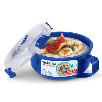 Afbeelding van Sistema Microwave ontbijtschaal, ronde vershouddoos voor de magnetron, met deksel, 850 ml, BPA vrij, blauw/transparant, 1 stuk