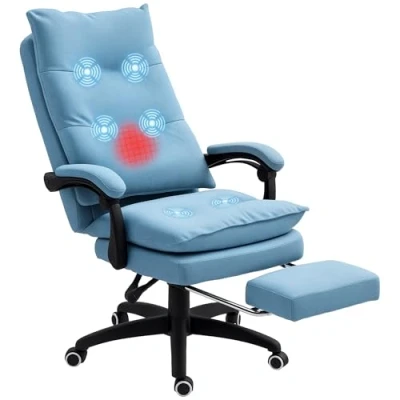 Afbeelding van Vinsetto bureaustoel met massagefunctie, ergonomische lig en draaifunctie, in hoogte verstelbaar, computerstoel voetensteun, afstandsbediening timer, blauw
