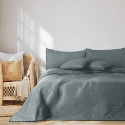 Afbeelding van AmeliaHome Sprei met pompons 220x240 cm bedsprei tweezijdig ultrasoon stiksel polyester Meadore grijs