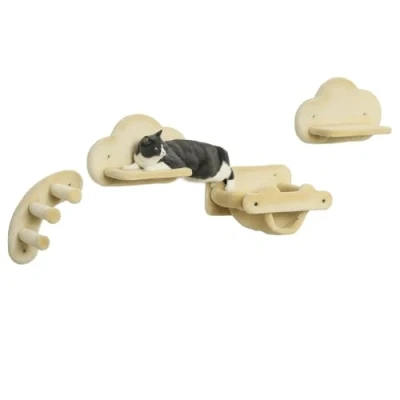 Afbeelding van PawHut Klimwand voor katten 4 delig, klimmen kattenkrabpaal inclusief kattenladder, hangmat, springplank, wandkrabpaal, wandkattenmeubels tot 5 kg, pluche, beige