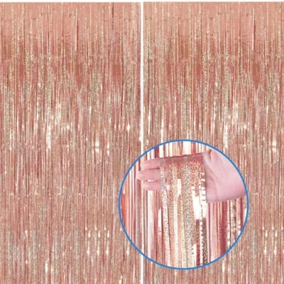 Afbeelding van Lametta Metalen Gordijnen Rosegold Glitter, 2x Folie Gordijn, Achtergrond Ringgordijnen voor Verjaardag, Partij, Bruiloft. Decoratie Rose Goud