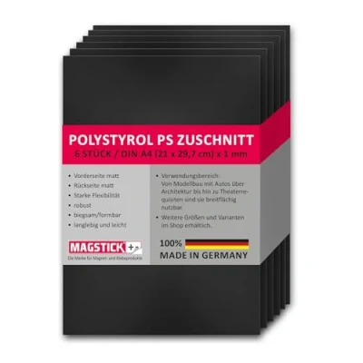 Afbeelding van Magstick Set van 6 polystyreen platen zwart I DIN A4 kunststof hardplaten PS op maat gesneden 21 x 29,7 cm modelbouw architectuur mag_274