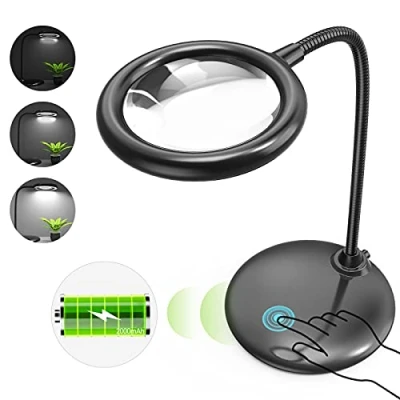 Afbeelding van Raweao 5 x vergrootglas met licht en standaard accu, oplaadbare led vergrootlamp, vergrootlamp voet, bureaulamp voor lezen, naaien, juweliers, modelbouw (zwart)